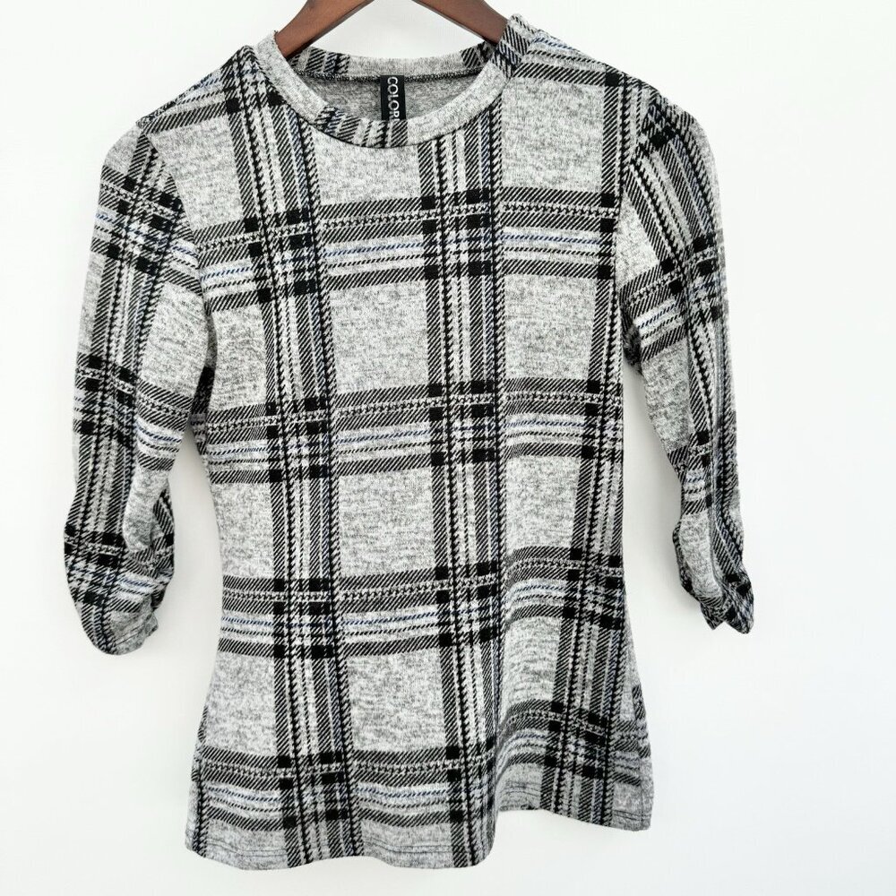 Colori Women’s Sweater Grey And Blue Plaid 3/4 Sleeves Size Small (27” Waist)
